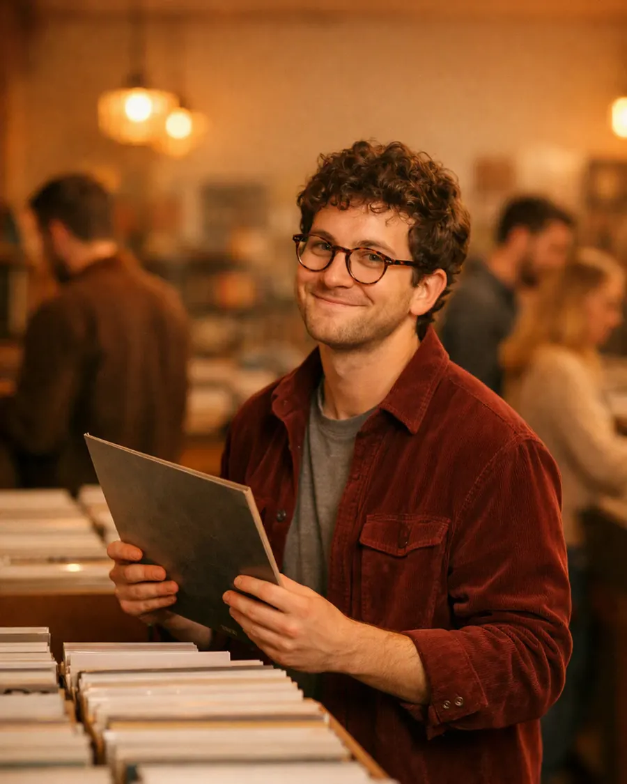 A curly-haired man in glasses smiling in a record shop