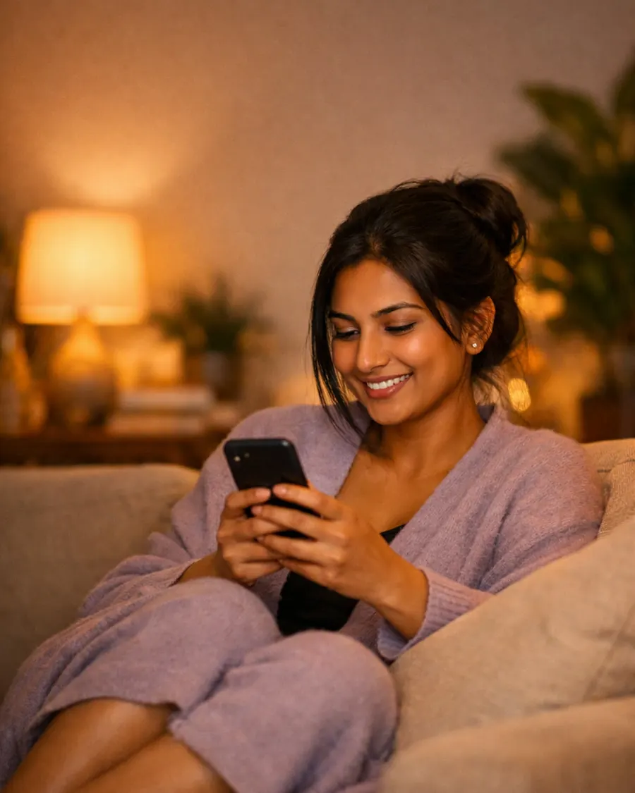 A woman smiling at her phone on a sofa in the evening
