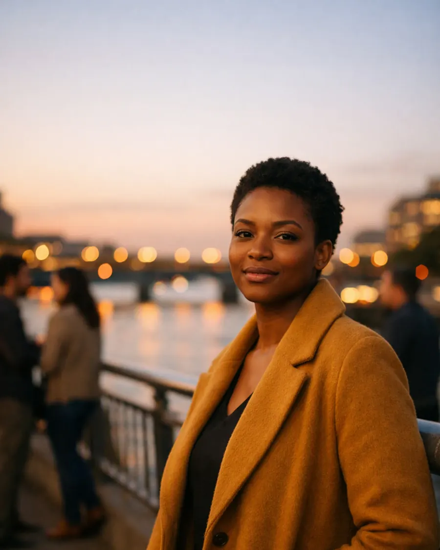 A confident woman on a city bridge at dusk