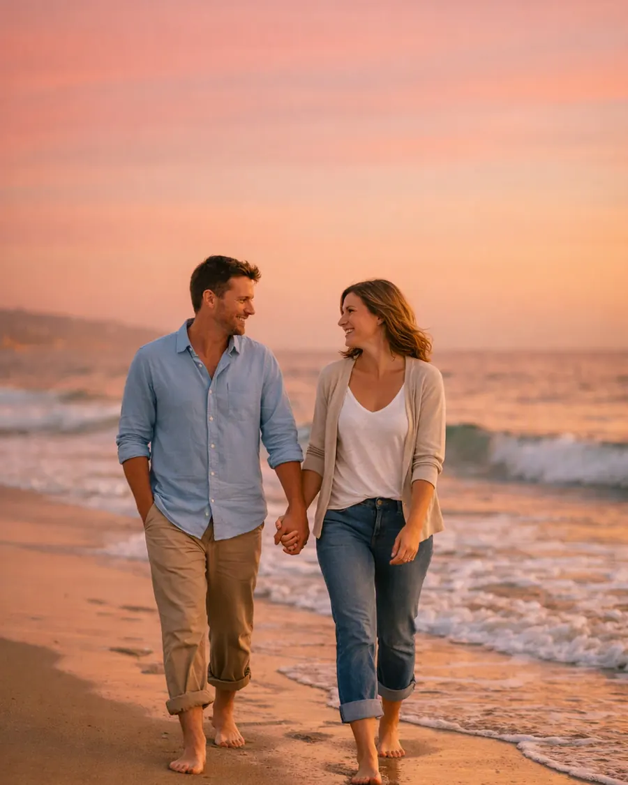 A couple walking along a beach at sunset