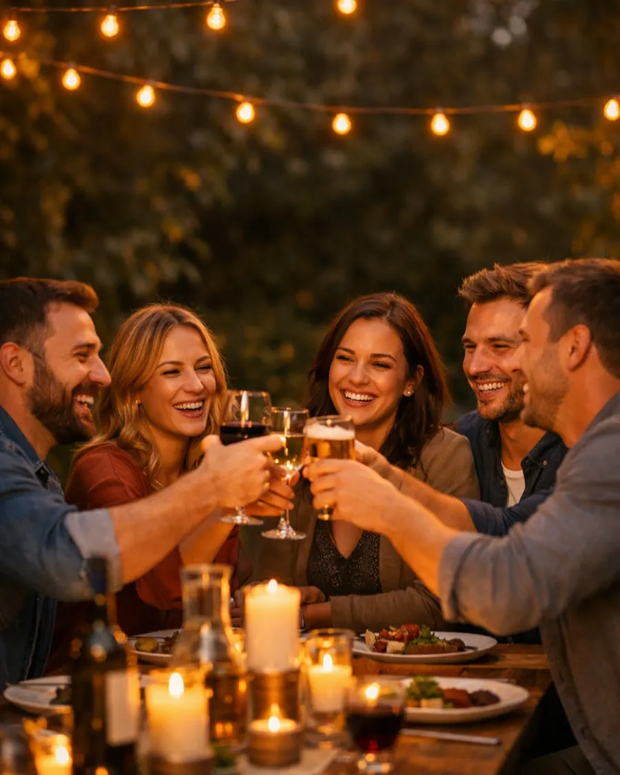 Friends toasting together at a candle-lit dinner