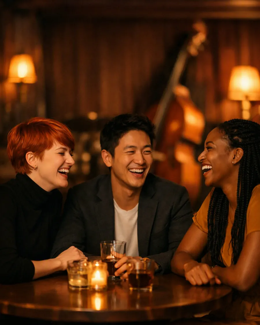 Three friends laughing in a warm jazz bar